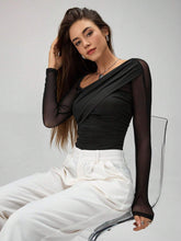 1pc Women's Solid Color Asymmetric Neck Long Sleeve Ruffle & Mesh Panel Bodysuit